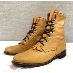 Vtg Justin Boots Lace Up Roper Women's Sz 6.5 Buckskin Leather 621 USA Made Deer